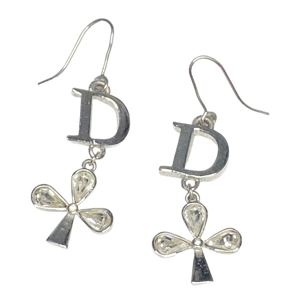 AUTH VTG Christian Dior Silver D Charm Logo Crystal Clover Dangle Hook Earrings - Picture 5 of 13